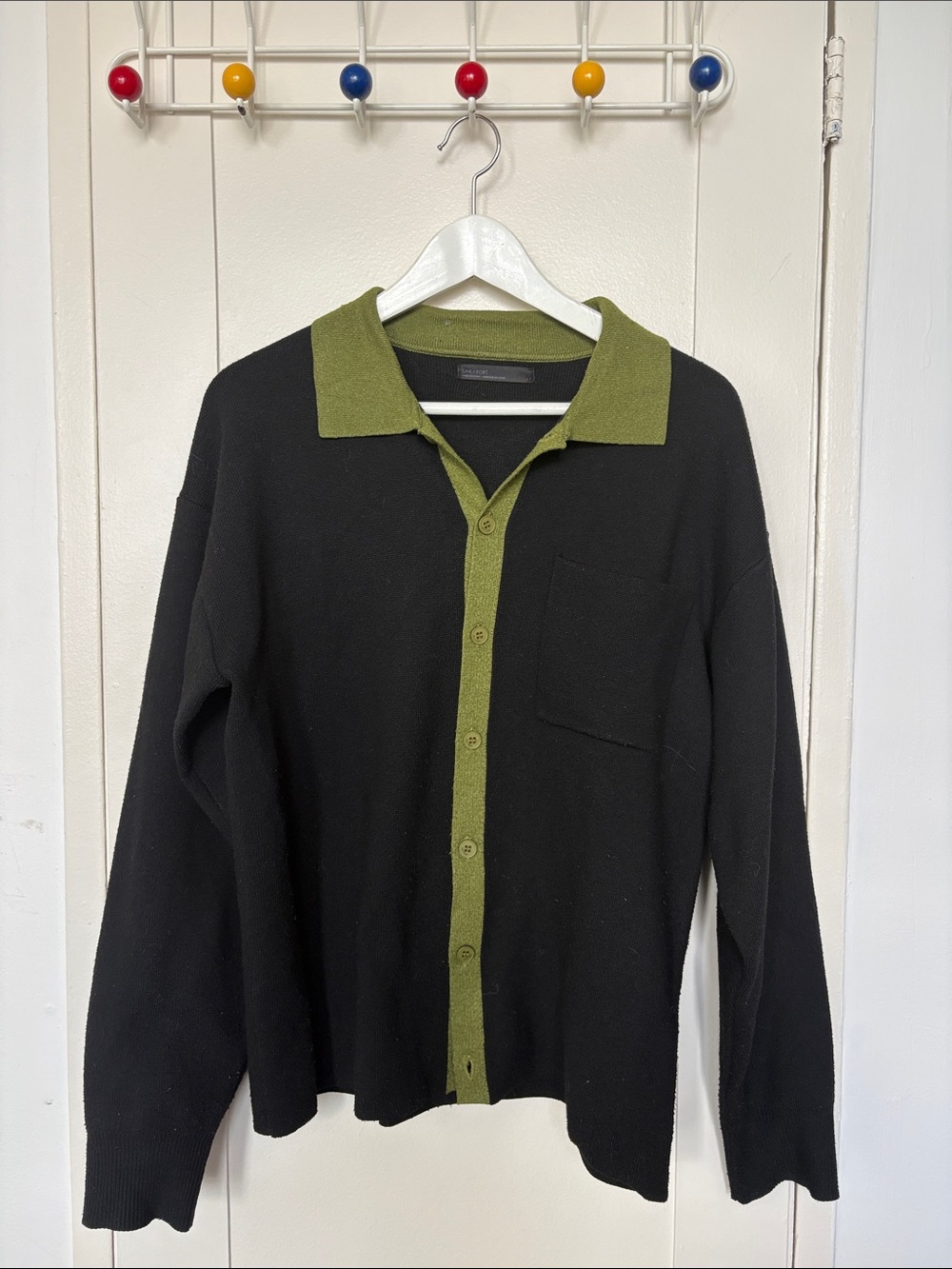 OAK + FORT Black Cardigan with Olive Green Collar and Placket